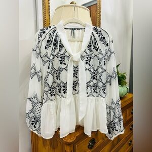 Anthropologie Ivory Blouse with Black Embroidery